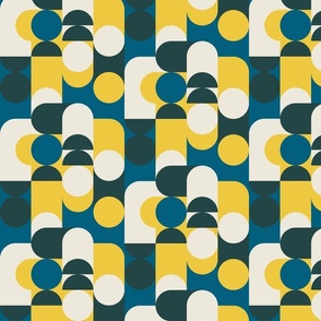 (S) Bauhaus Pier - Abstract Retro 60s 70s Geometric Circles and Squares - blue yellow and cream