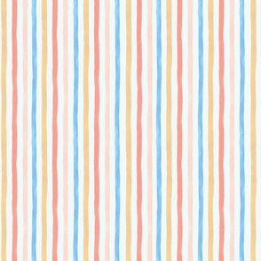 Small | Summer Beach Stripes Hand-painted Watercolor with Coral, Blue, Sandy Yellow, Coral Pink