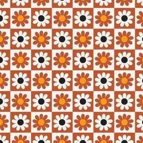Checkered board with flowers - Off white,  black, burgundry and orange