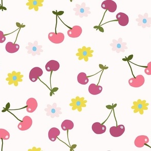 cute small cherries and flowers on  light pink