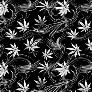White Marijuana Leaves and Swirling Smoke