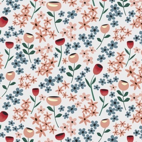 Summer Garden Floral in pinks, blues and reds on a cream background (Medium)