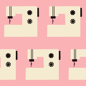 Beige-white-black-sewing-machines-on-plain-kitschy-1950s--soft-pastel-pink-XL-jumbo