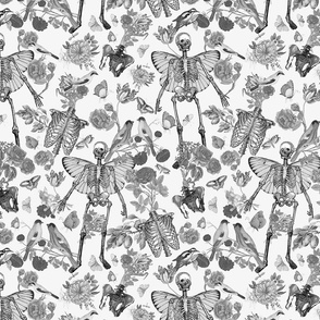 Enchanting Vintage NostalgicTapestry : Skulls, Butterfly Wings, Romantic Antique Florals, Birds & Butterflies Unite in Whimsical Harmony black and white