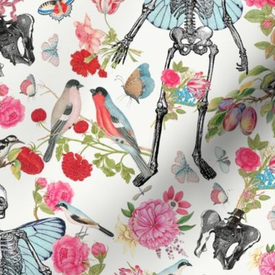 Enchanting Vintage NostalgicTapestry : Skulls, Butterfly Wings, Romantic Antique Florals, Birds & Butterflies Unite in Whimsical Harmony on white