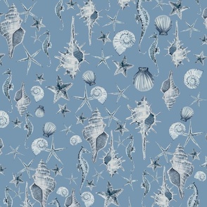 Small Watercolor seashellls blue/ecru