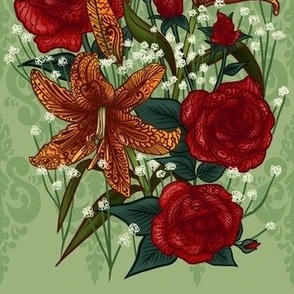 Lilies and Roses on Green