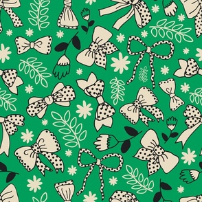 Bows and Ribbons - for clothing, wallpaper, home decor - green, off-white, black