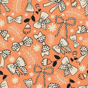 Bows and Ribbons - for clothing, wallpaper, home decor - peach, orange, off-white, black,