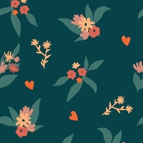 Flower pattern with hearts, green background