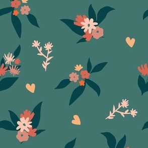 Flower pattern with hearts, teal background