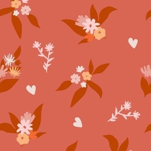 Flower pattern with hearts, orange background