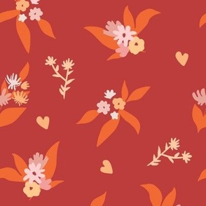 Flower pattern with hearts, red background