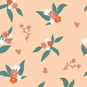 Flower pattern with hearts, light peach color background