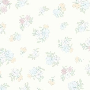 (M) Ditsy Flowers - Colorful Spring Blooms with Turquoise Border on Cream Background