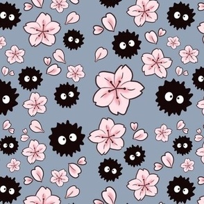 Blue Soot Sprites with Cherry Blossoms 