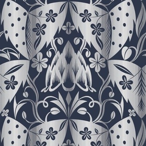 1922 Vintage "Large Leaves" by Dagobert Peche in Silver Ombre on Prussian Blue - Coordinate