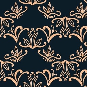 Block Print Bohemian Damask in Victorian blue black and golden cream