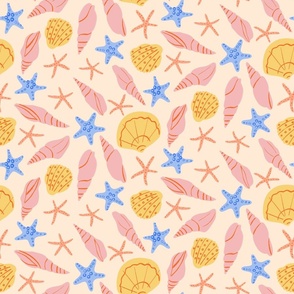 Preppy Beach Theme with Coral Pink Seashells and Blue Starfish