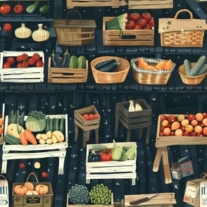 Farmers Market Cute Vegetables Garden Harvest Fruit Apples Squash Shelves Whimsical Country Kids Wallpaper Pantry