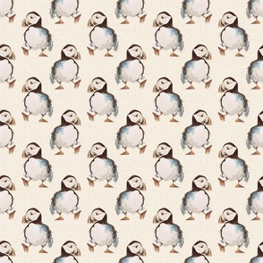 Ditsy Retro Dancing Puffins / Cream / Birds / Watercolor