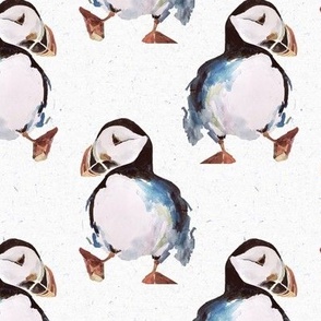 Small Dancing Puffins on White / Watercolor