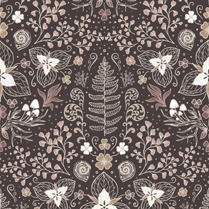 Wildwood flora.  Forest biome. Botanical damask  - Brown and Beige -Large scale