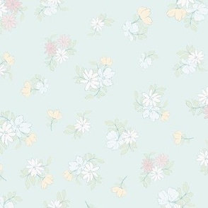 (M) Ditsy Flowers - Colorful Spring Blooms with Turquoise Border on soft green Background