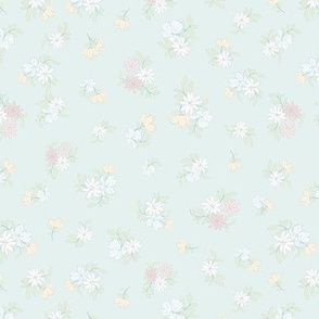 (S) Ditsy Flowers - Colorful Spring Blooms with Turquoise Border on soft green Background