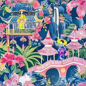 Chinoiserie pagoda garden with court figures