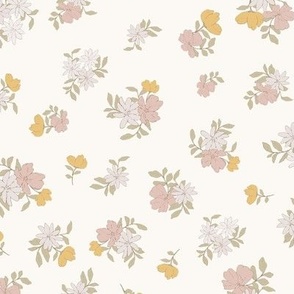 (M) Ditsy Flowers - Colorful Spring Blooms with brown border on light peach Background