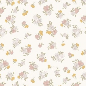 (S) Ditsy Flowers - Colorful Spring Blooms with brown border on light peach Background