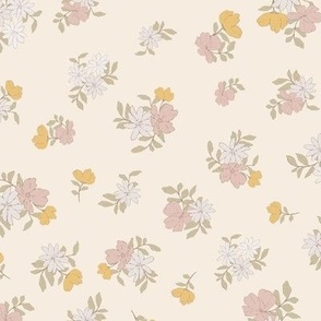 (M) Ditsy Flowers - Colorful Spring Blooms with brown border on peach Background