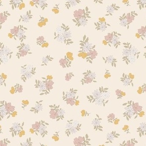 (S) Ditsy Flowers - Colorful Spring Blooms with brown border on peach Background