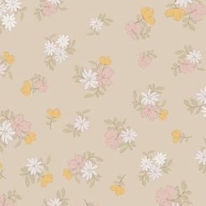 (M) Ditsy Flowers - Colorful Spring Blooms with brown border on beige Background