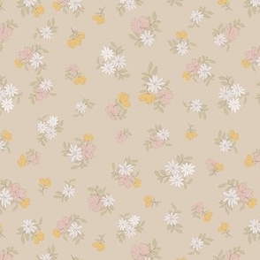 (S) Ditsy Flowers - Colorful Spring Blooms with brown border on beige Background