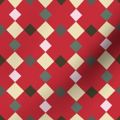 C006 - Medium scale red, yellow, pink and grey modern graphic geometric cross and tessellated squares, for unisex children's apparel, wallpaper, duvet covers, pillows and curtains
