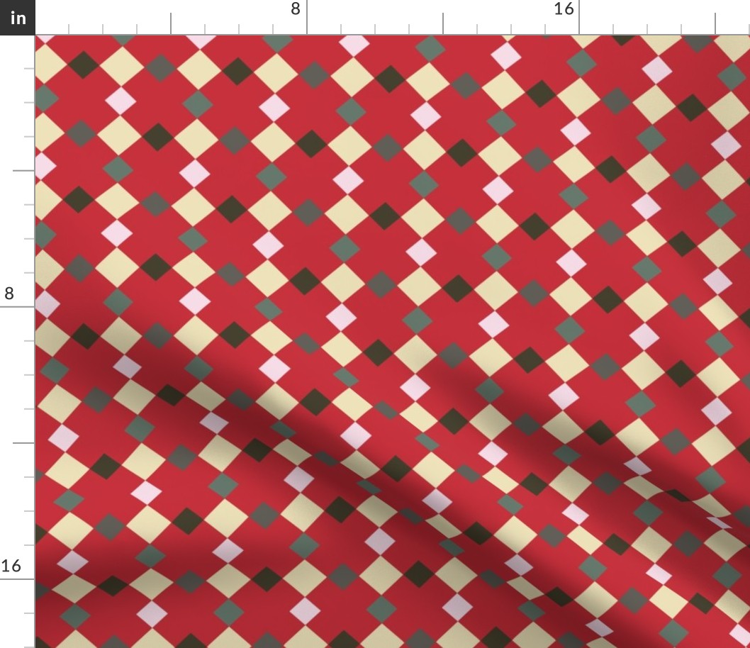 C006 - Medium scale red, yellow, pink and grey modern graphic geometric cross and tessellated squares, for unisex children's apparel, wallpaper, duvet covers, pillows and curtains