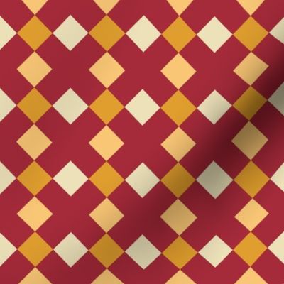 C006 - Medium scale red, yellow and mustard modern graphic geometric cross and tessellated squares, for unisex children's apparel, wallpaper, duvet covers, pillows and curtains