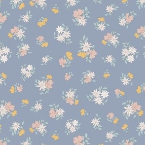 (S) Ditsy Flowers - Colorful Spring Blooms with brown border on blue Background