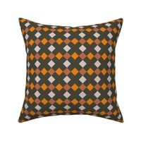 C006 -Medium scale pumpkin orange, soft grey and dark charcoal mosaic geometric shapes for wallpaper, duvet covers, sheet sets, tablecloths and unisex children's apparel, patchwork and quilting