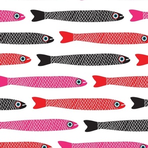 ANCHOVIES Bright Swimming Fish - Horizontal Layout - Black Pink Red on White  - LARGE Scale - UnBlink Studio by Jackie Tahara