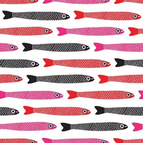 ANCHOVIES Bright Swimming Fish - Horizontal Layout - Black Pink Red on White  - MEDIUM Scale - UnBlink Studio by Jackie Tahara