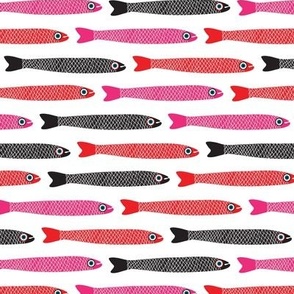 ANCHOVIES Bright Swimming Fish - Horizontal Layout - Black Pink Red on White  - SMALL Scale - UnBlink Studio by Jackie Tahara