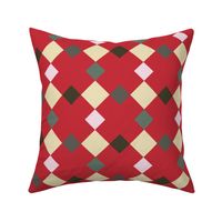 C006 - Large scale red, yellow, pink and grey modern graphic geometric cross and tessellated squares, for unisex children's apparel, wallpaper, duvet covers, pillows and curtains