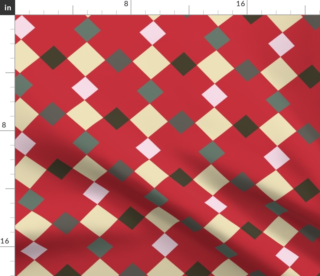 C006 - Large scale red, yellow, pink and grey modern graphic geometric cross and tessellated squares, for unisex children's apparel, wallpaper, duvet covers, pillows and curtains