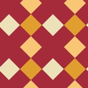 C006 - Large scale red, yellow and mustard modern graphic geometric cross and tessellated squares, for unisex children's apparel, wallpaper, duvet covers, pillows and curtains