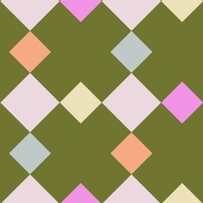 C006 -Large scale springtime green, mauve pink and duck egg blue mosaic geometric shapes for wallpaper, duvet covers, sheet sets, tablecloths and kids apparel, patchwork and quilting