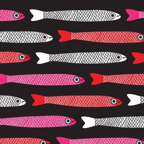 ANCHOVIES Bright Swimming Fish - Horizontal Layout - White Pink Red on Black  - LARGE Scale - UnBlink Studio by Jackie Tahara