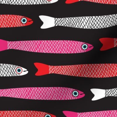 ANCHOVIES Bright Swimming Fish - Horizontal Layout - White Pink Red on Black  - MEDIUM Scale - UnBlink Studio by Jackie Tahara